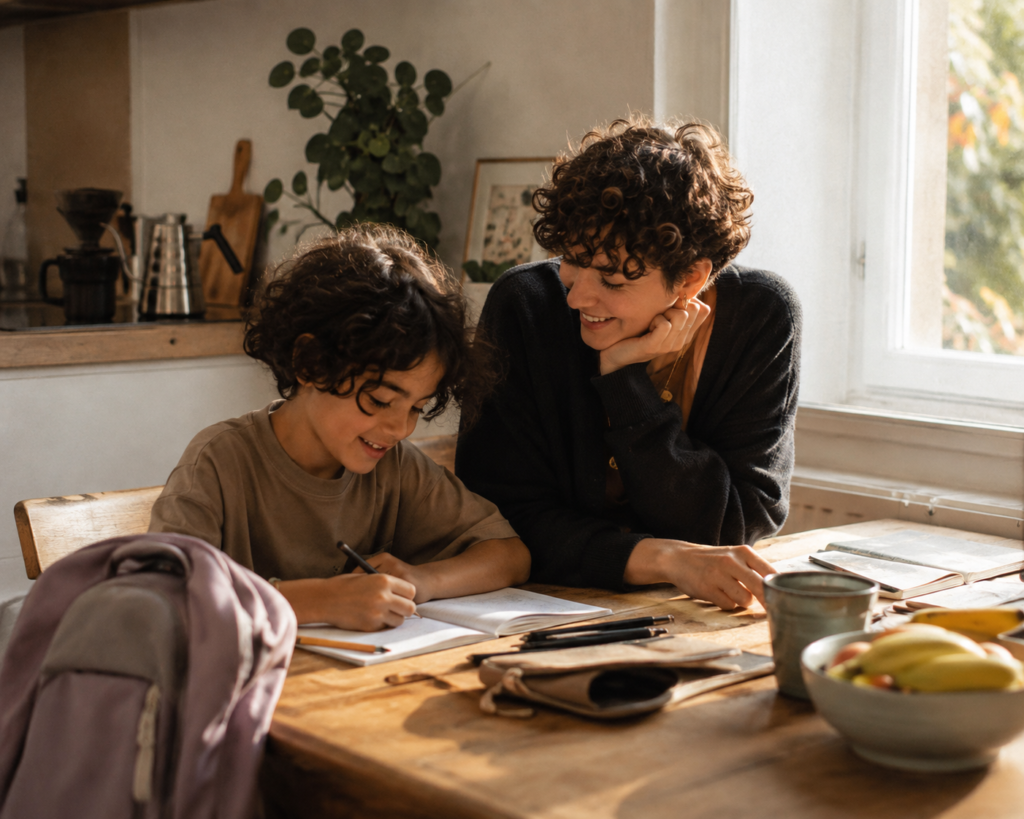 Erwachsener und Kind beim Schreiben – Kinder, Familie und Schule