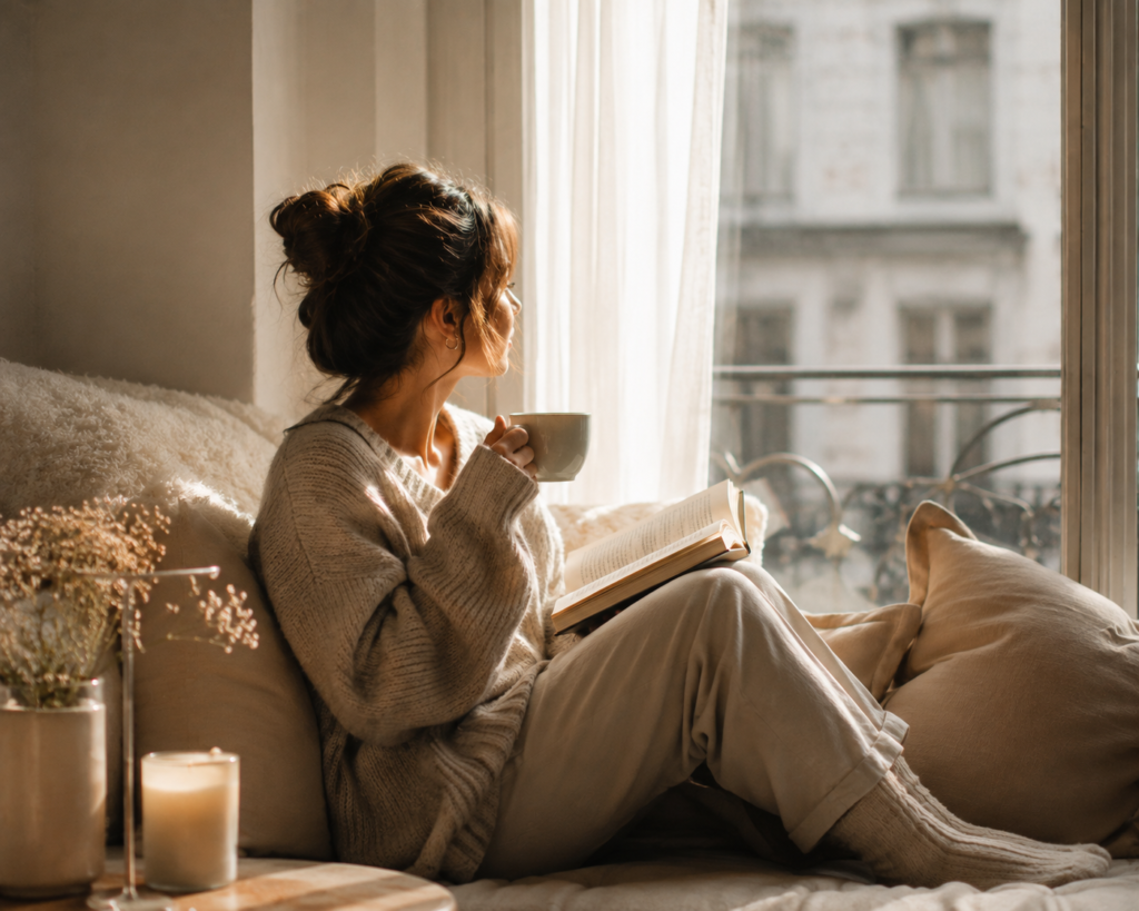 Frau mit Buch und Tasse – Self-Care und Routinen