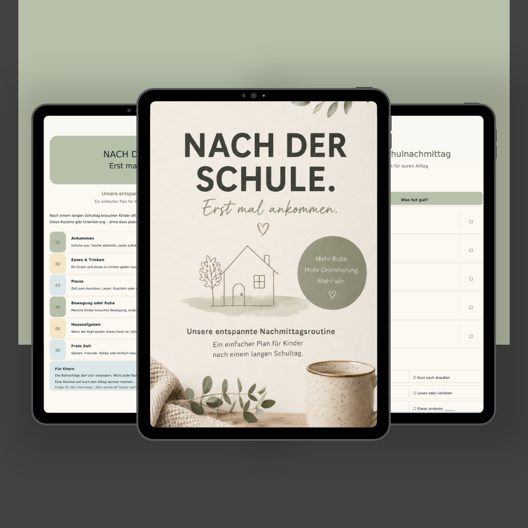 Tablet-Mockup der kostenlosen Nachmittagsroutine für Kinder mit Einblicken in die Vorlagenseiten