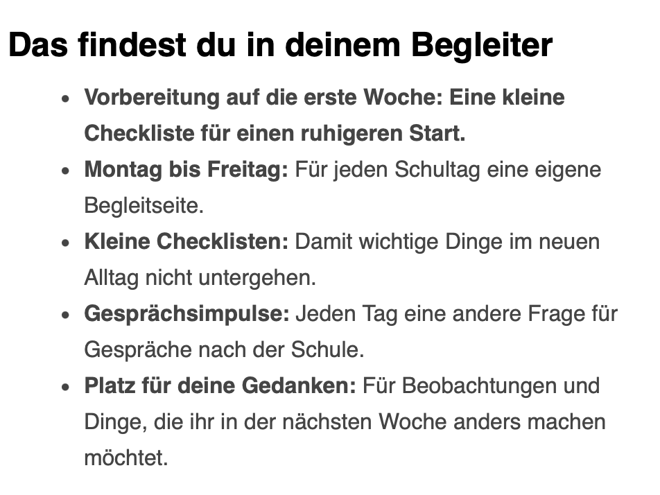 Übersicht des Begleiters zur ersten Schulwoche mit Checklisten, Tagesseiten und Gesprächsimpulsen