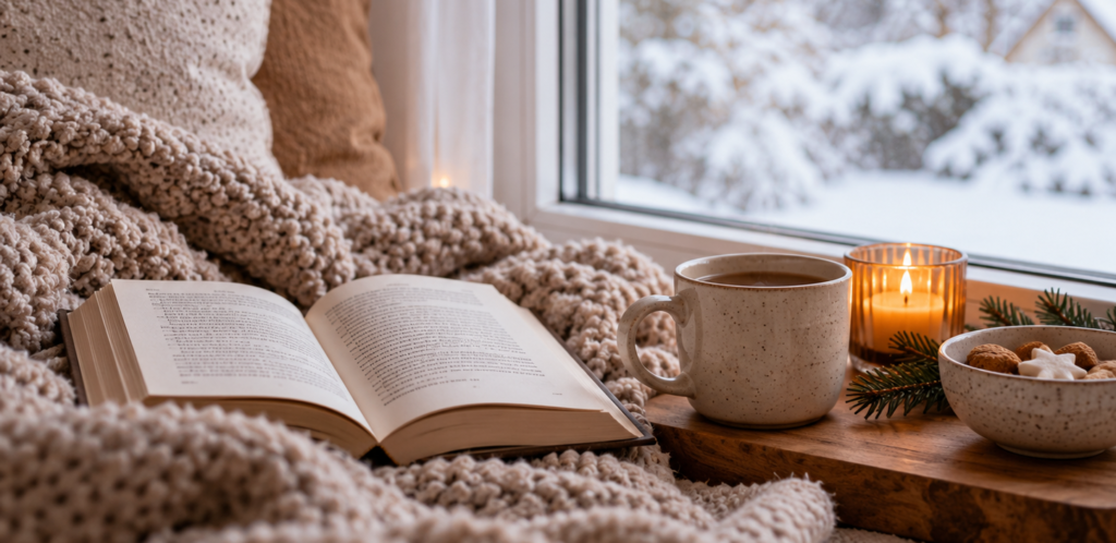 Gemütlicher Wintermoment mit Buch, warmem Getränk und Kerze am verschneiten Fenster