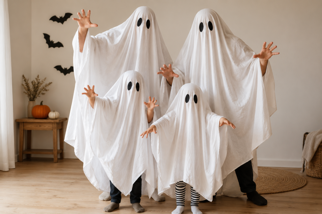 Familie mit Kindern in Geisterkostümen für Halloween