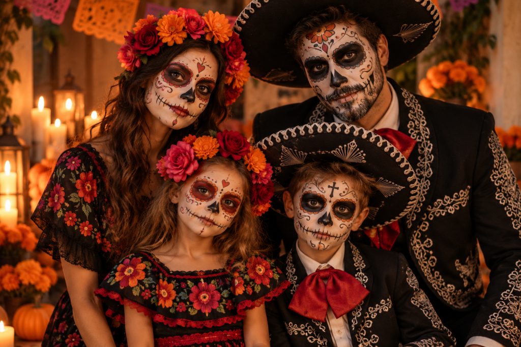 Familie in Skelettkostümen als Halloween-Kostümidee
