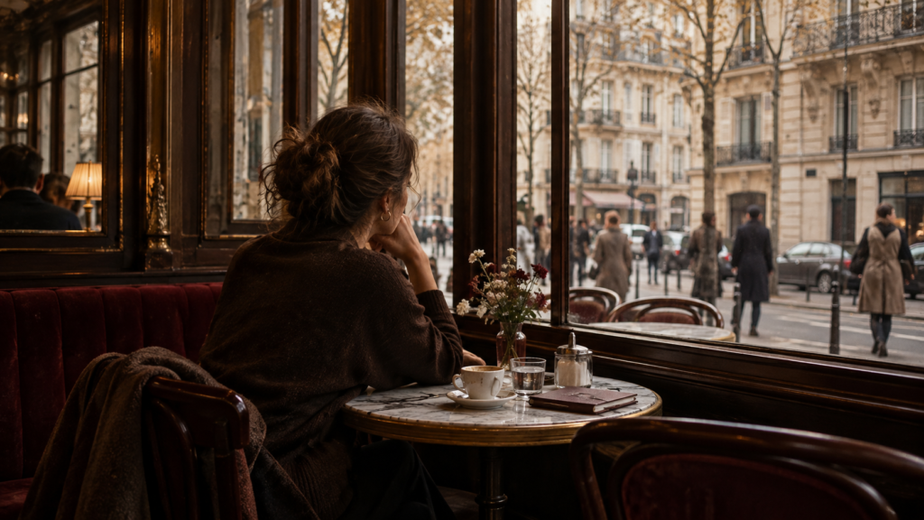 Frau sitzt nachdenklich allein in einem Café und blickt durch das Fenster auf die Straße.