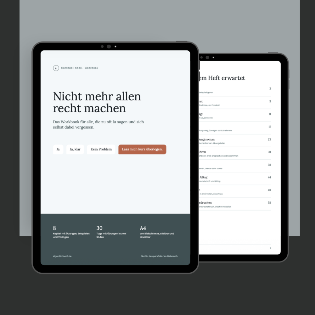 Workbook Nicht mehr allen recht machen: Titelseite und Inhaltsverzeichnis auf zwei Tablets