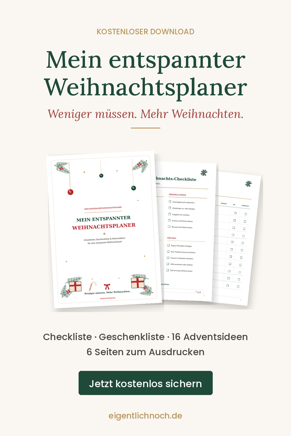 Kostenloser Weihnachtsplaner zum Ausdrucken mit Checkliste, Geschenkliste und 16 Adventsideen von eigentlich noch.