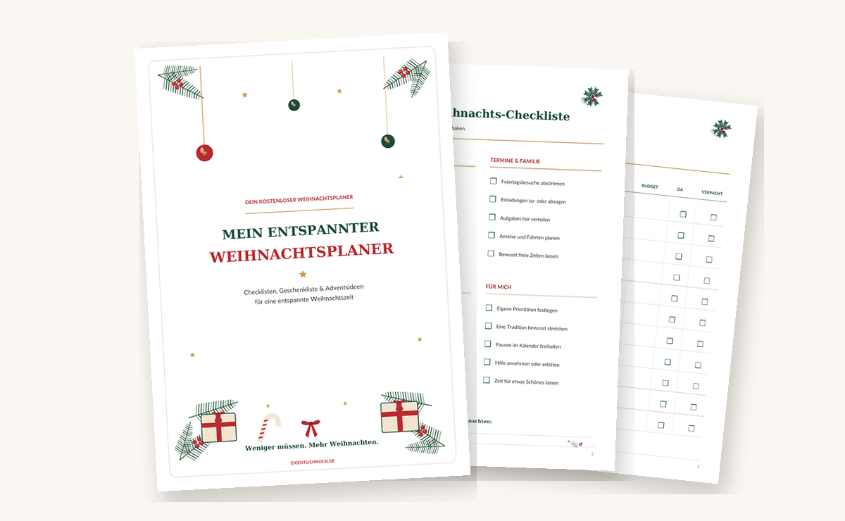 Vorschau des kostenlosen Weihnachtsplaners mit Checkliste, Geschenkliste und Adventsideen zum Ausdrucken